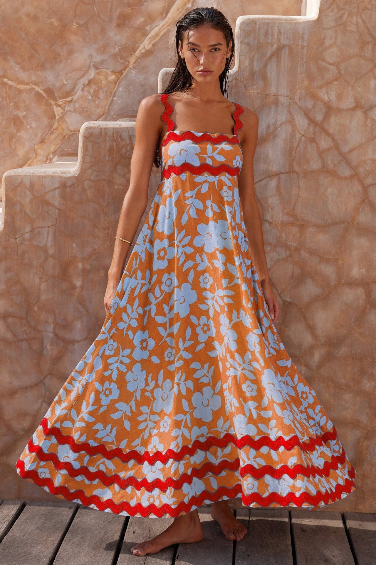 Floriane – Wellenmuster Kleid mit Trägern für Damen Orange