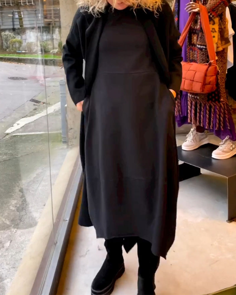 Frieda-Elegantes einfarbiges Kleid Schwarz 4