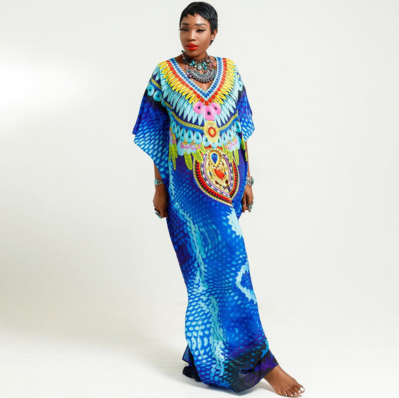 Gaëlle- Damen Maxi Kaftan mit kunstvollem Tribal Muster Blau