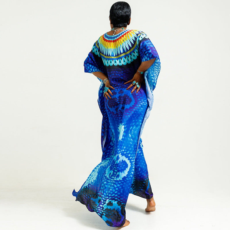Gaëlle- Damen Maxi Kaftan mit kunstvollem Tribal Muster Blau 1