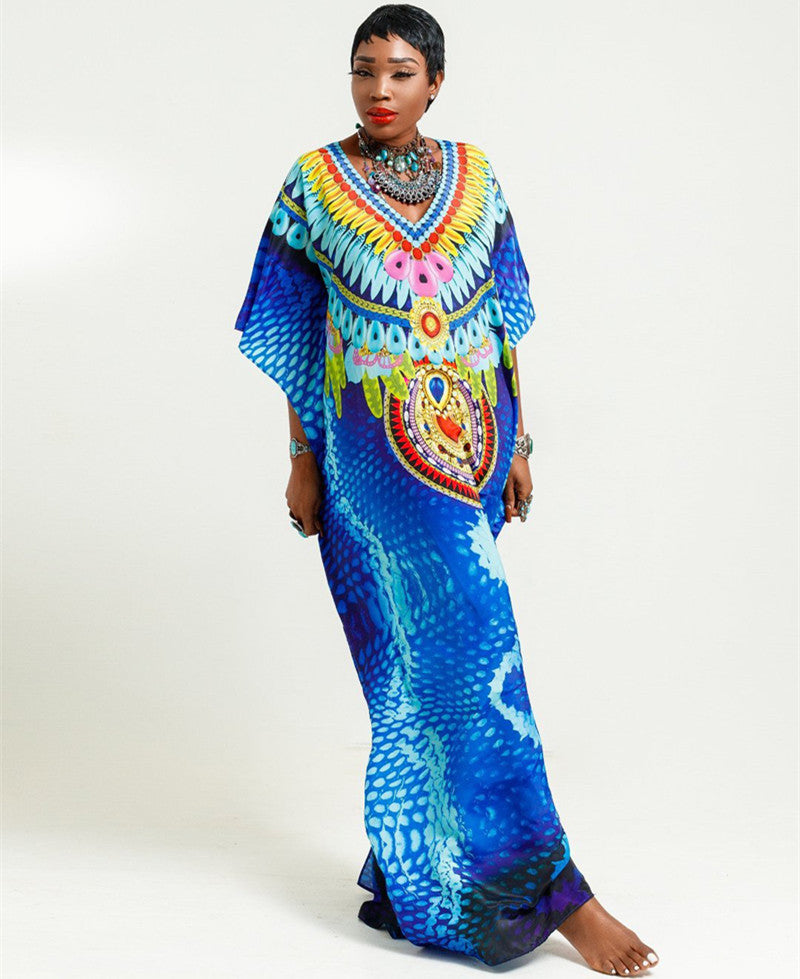Gaëlle- Damen Maxi Kaftan mit kunstvollem Tribal Muster Blau 2