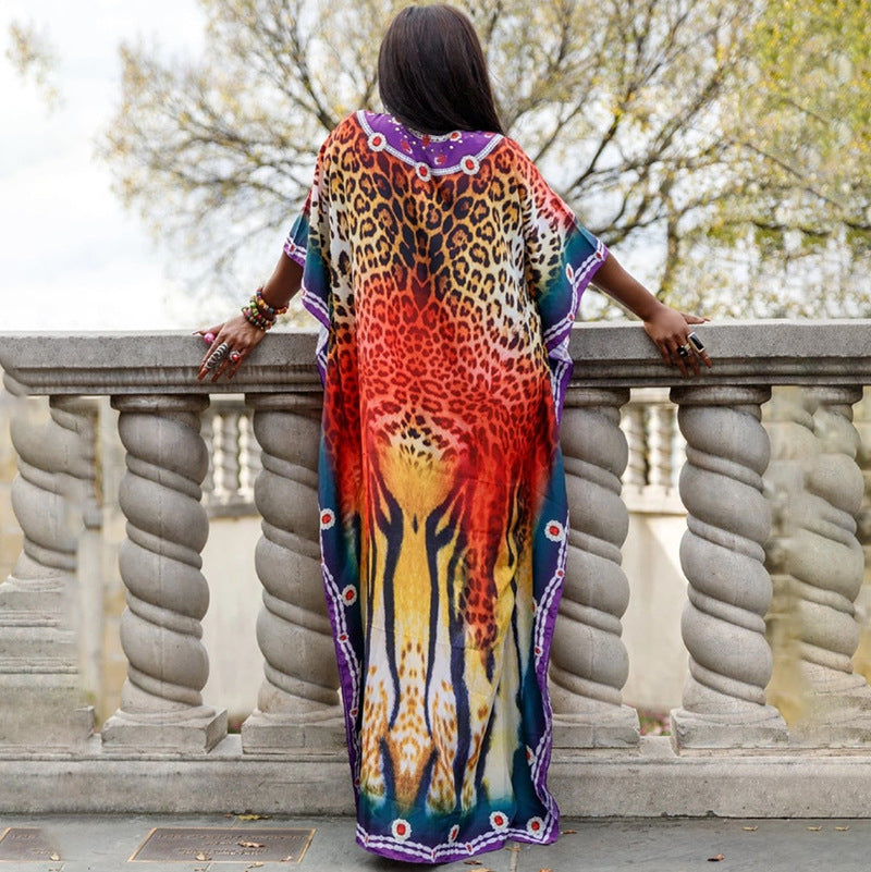 Gaëlle- Damen Maxi Kaftan mit kunstvollem Tribal Muster Rot Gelb