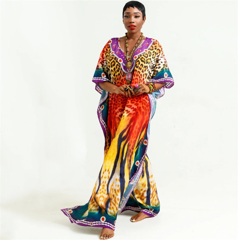 Gaëlle- Damen Maxi Kaftan mit kunstvollem Tribal Muster Rot Gelb 2