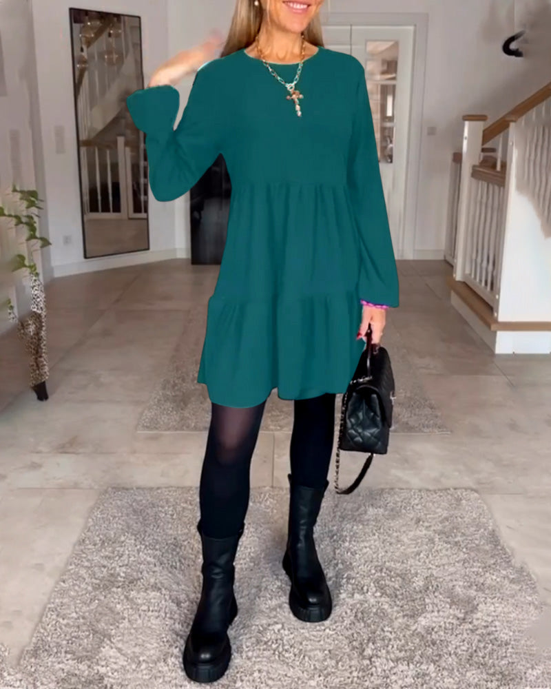 Gabriela-Schlichtes einfarbiges Langarmkleid Grün