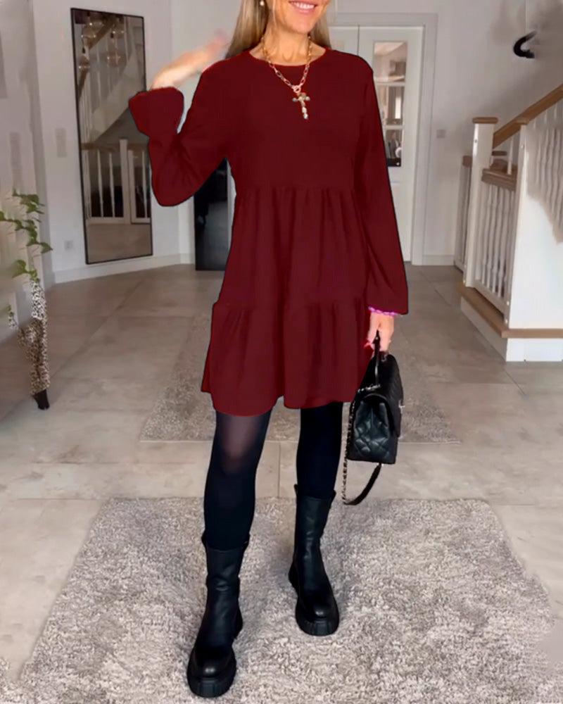 Gabriela-Schlichtes einfarbiges Langarmkleid Rot