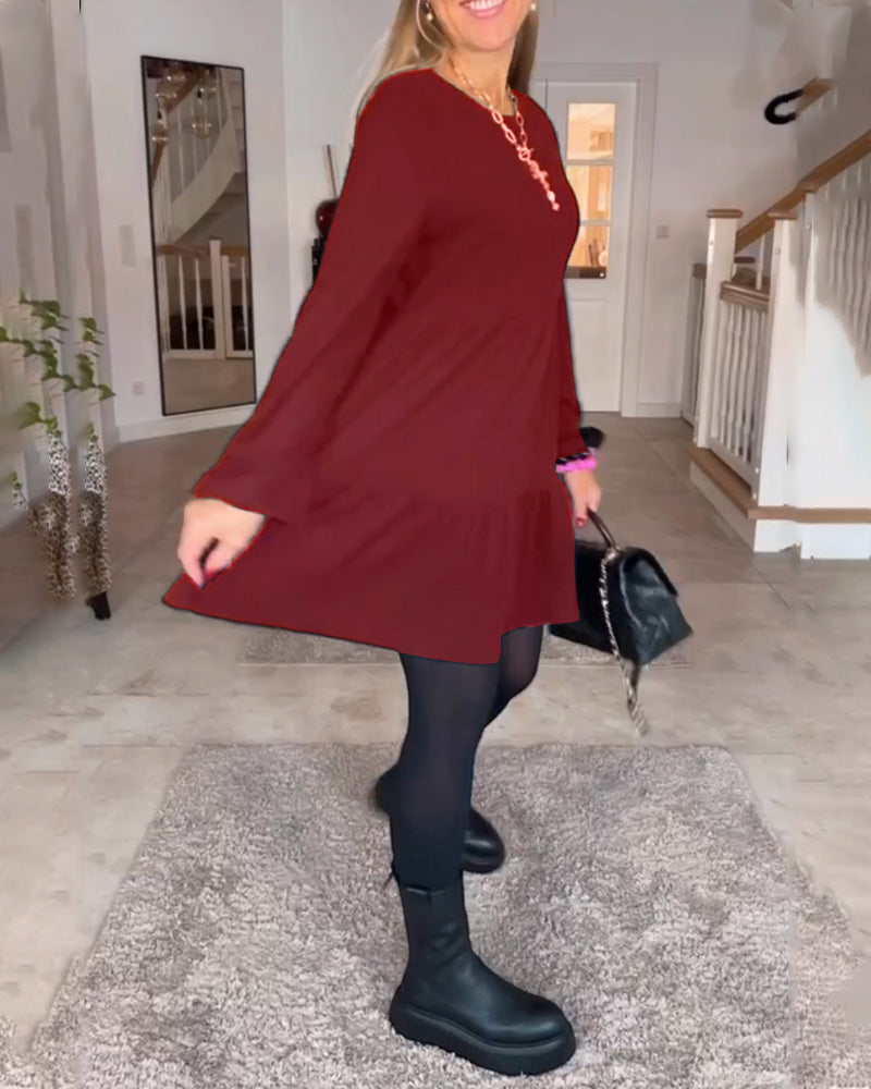 Gabriela-Schlichtes einfarbiges Langarmkleid Rot 1