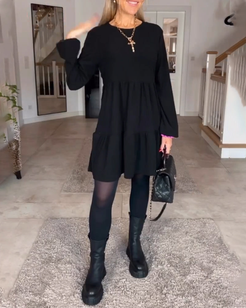 Gabriela-Schlichtes einfarbiges Langarmkleid Schwarz 1