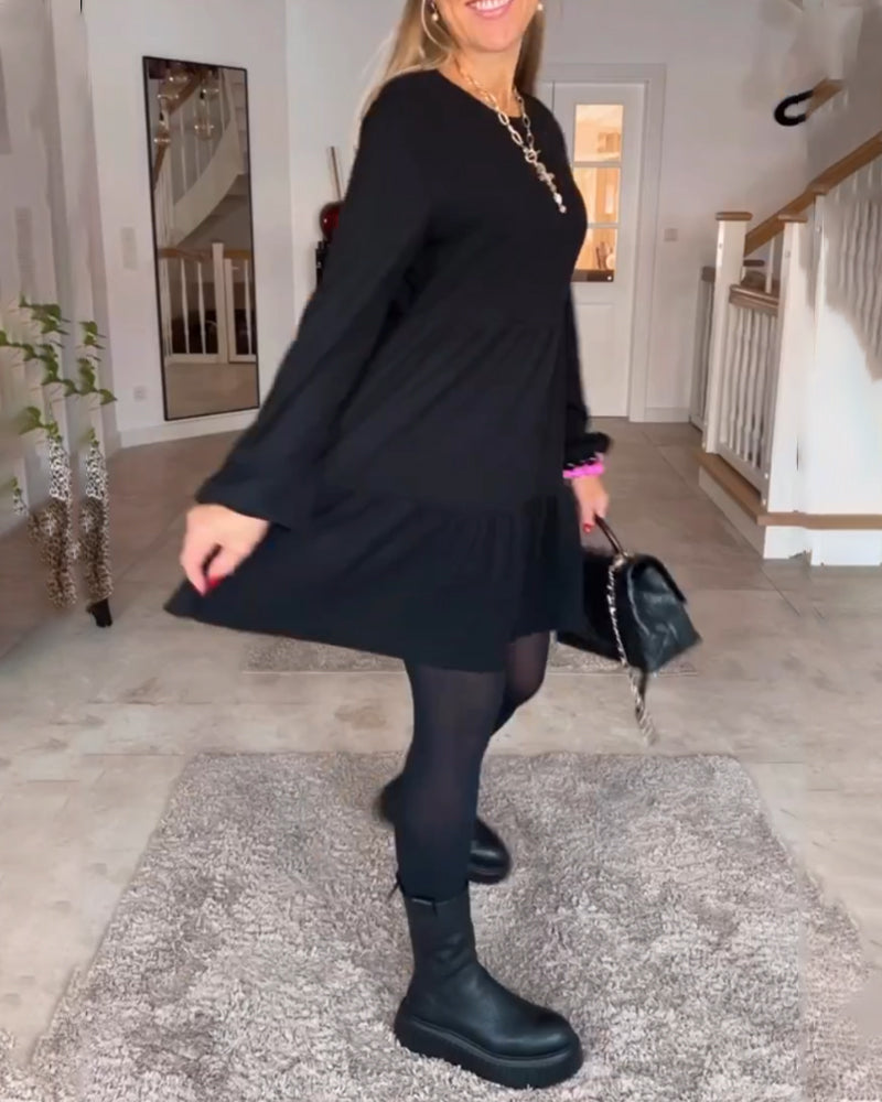 Gabriela-Schlichtes einfarbiges Langarmkleid Schwarz 2