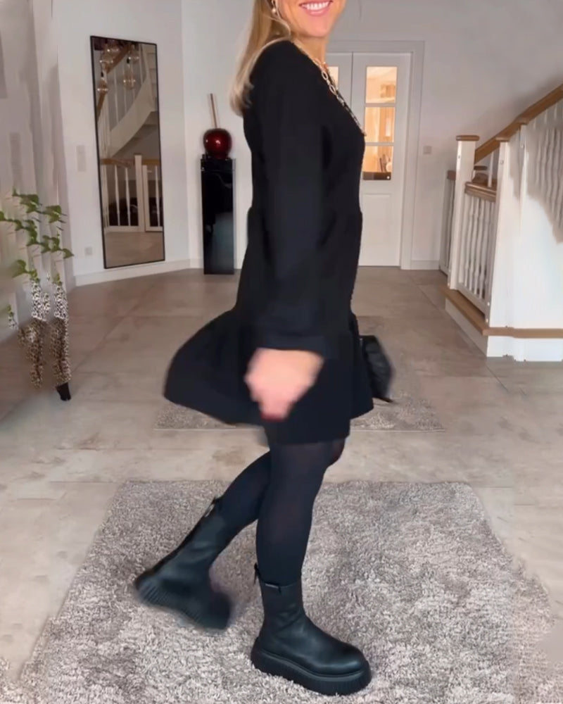 Gabriela-Schlichtes einfarbiges Langarmkleid Schwarz 3