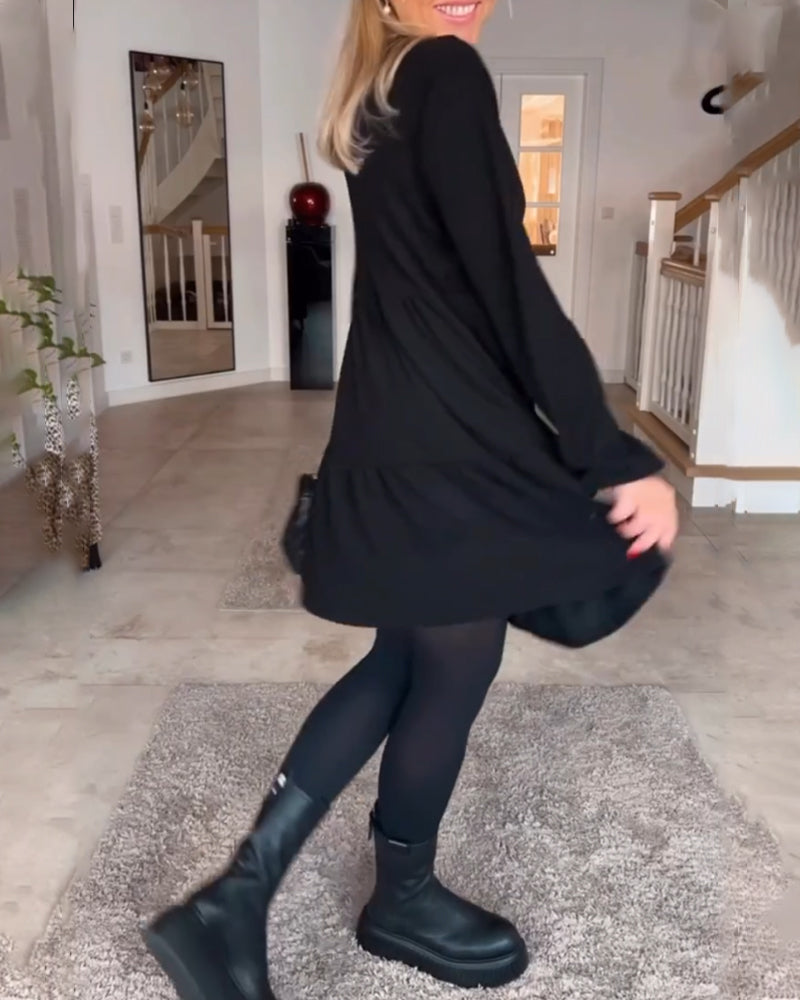 Gabriela-Schlichtes einfarbiges Langarmkleid Schwarz 4