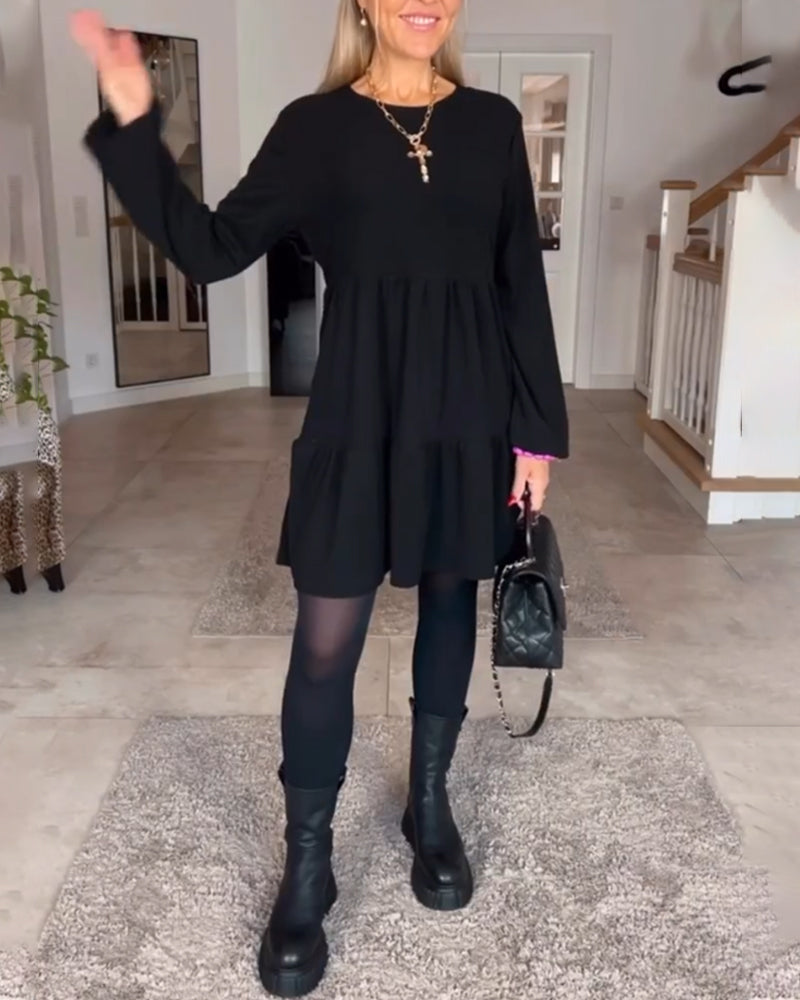 Gabriela-Schlichtes einfarbiges Langarmkleid Schwarz 5