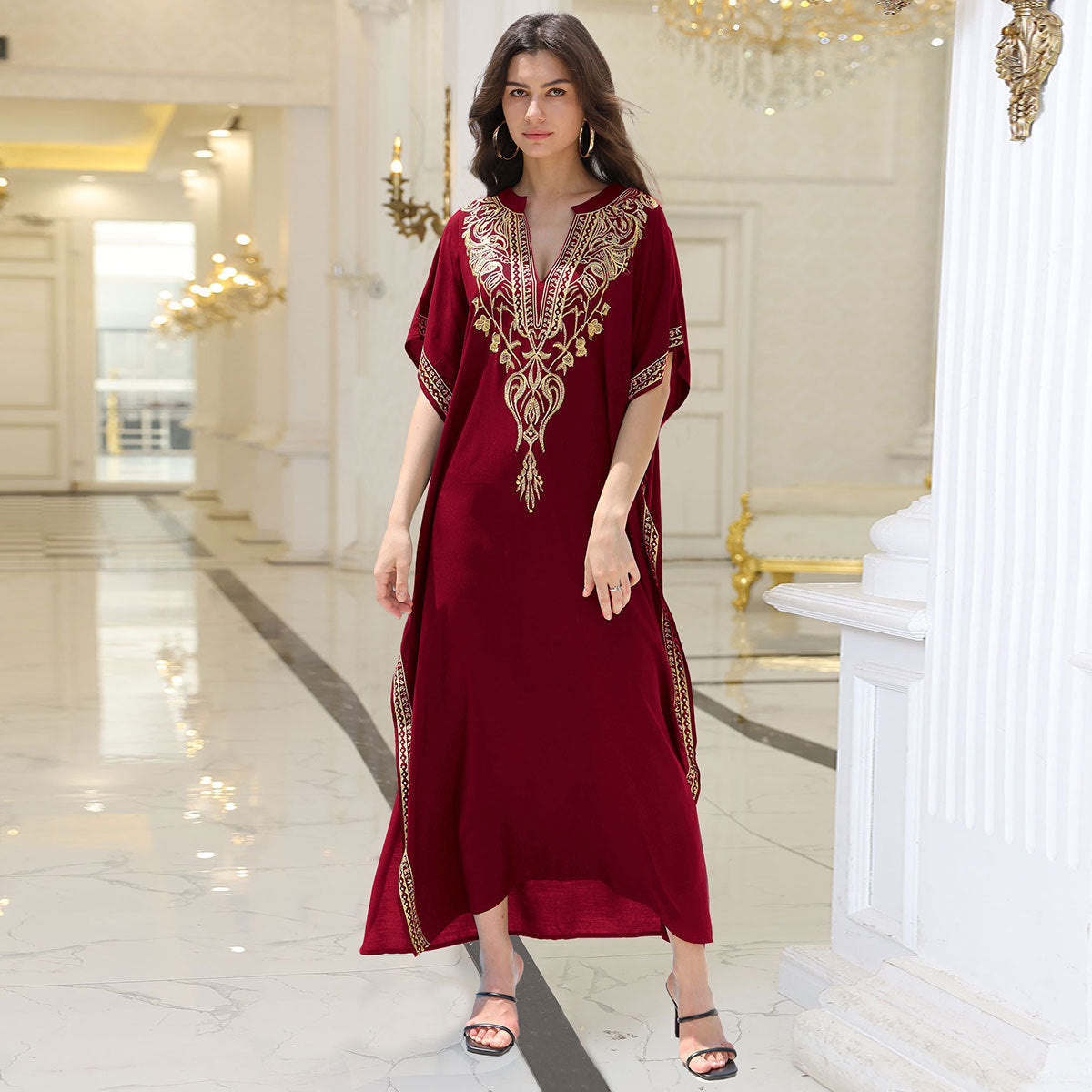 Gemma- Damen Maxi Kleid mit kunstvollen Stickereien Rotbraun