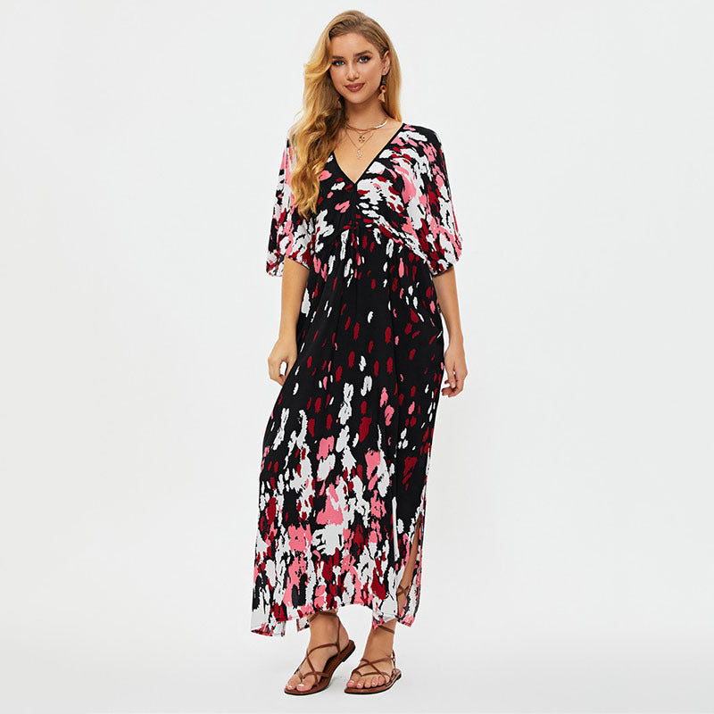 Guinevere- Damen Maxi Kleid mit V-Ausschnitt und Ärmeln Schwarz mit Pink