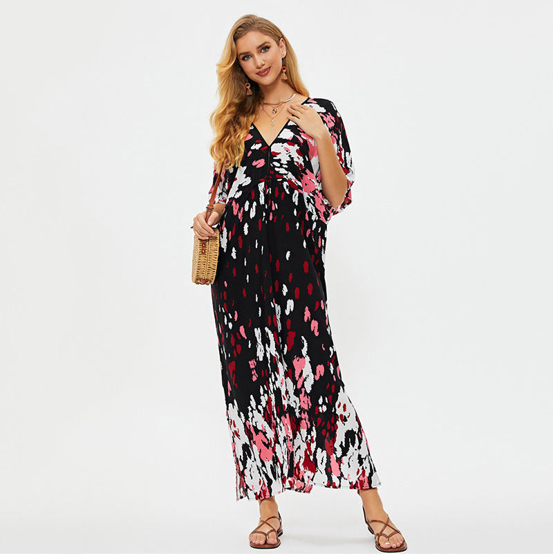 Guinevere- Damen Maxi Kleid mit V-Ausschnitt und Ärmeln Schwarz mit Pink 1