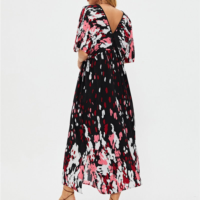 Guinevere- Damen Maxi Kleid mit V-Ausschnitt und Ärmeln Schwarz mit Pink 2
