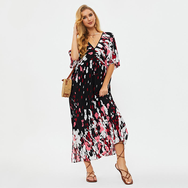 Guinevere- Damen Maxi Kleid mit V-Ausschnitt und Ärmeln Schwarz mit Pink 3