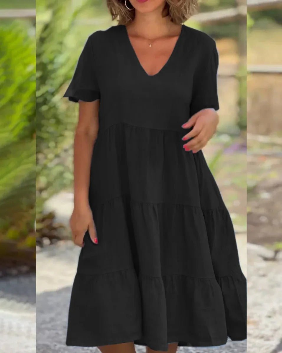Hedda- Kurzarm-Midikleid Atmungsaktiv Schwarz