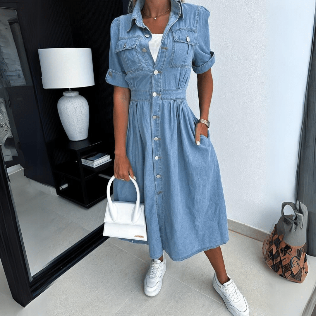 Hede-Denim-Kleid Kurze Ärmel Blau