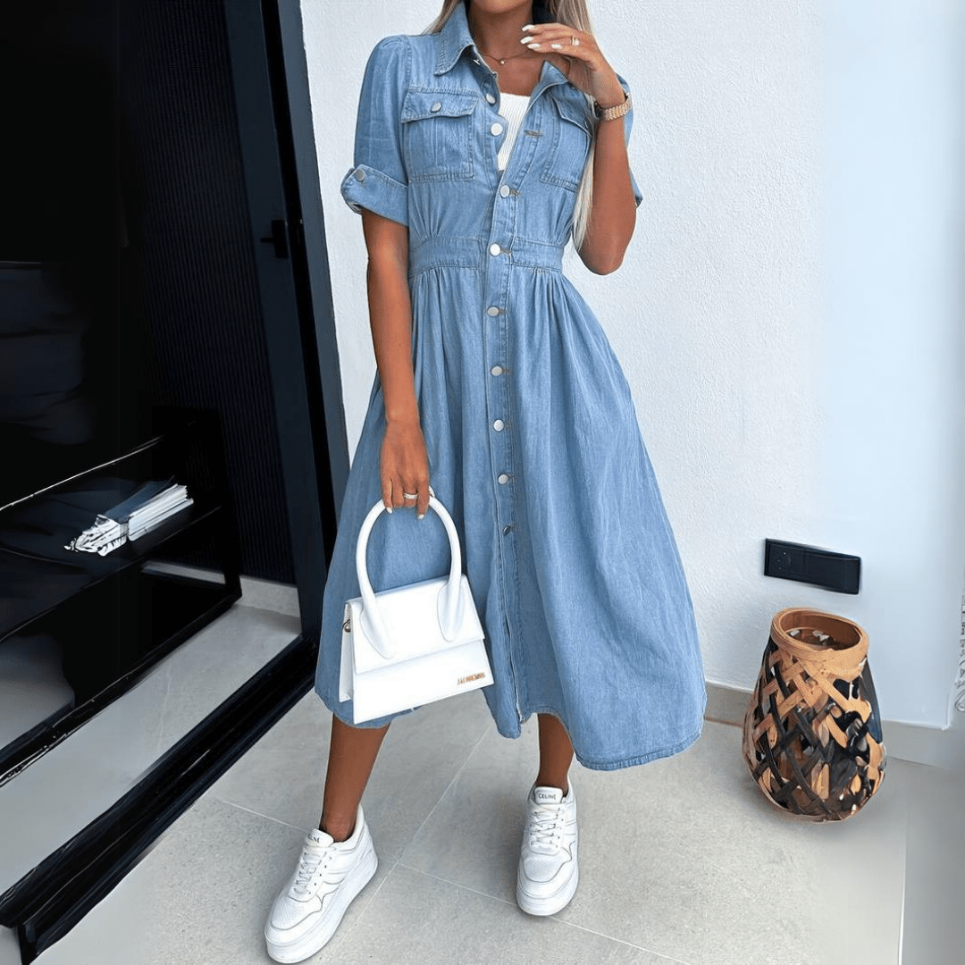 Hede-Denim-Kleid Kurze Ärmel Blau 1