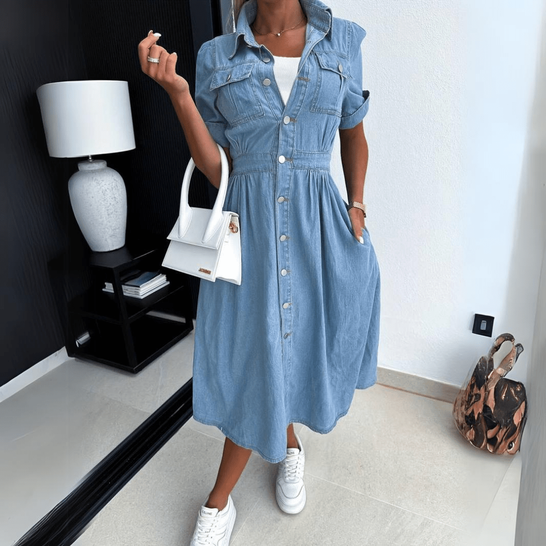 Hede-Denim-Kleid Kurze Ärmel Blau 2