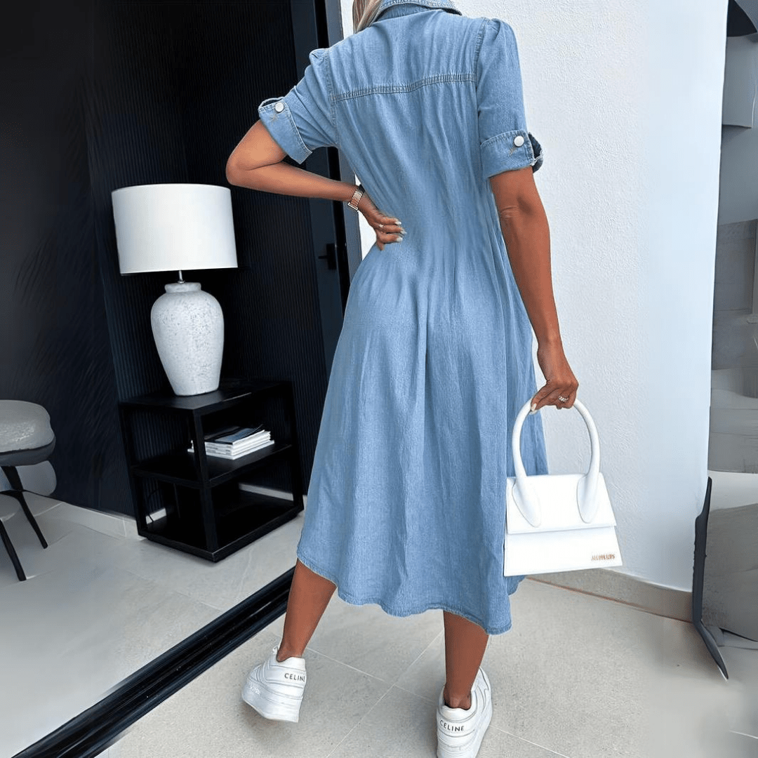 Hede-Denim-Kleid Kurze Ärmel Blau 4