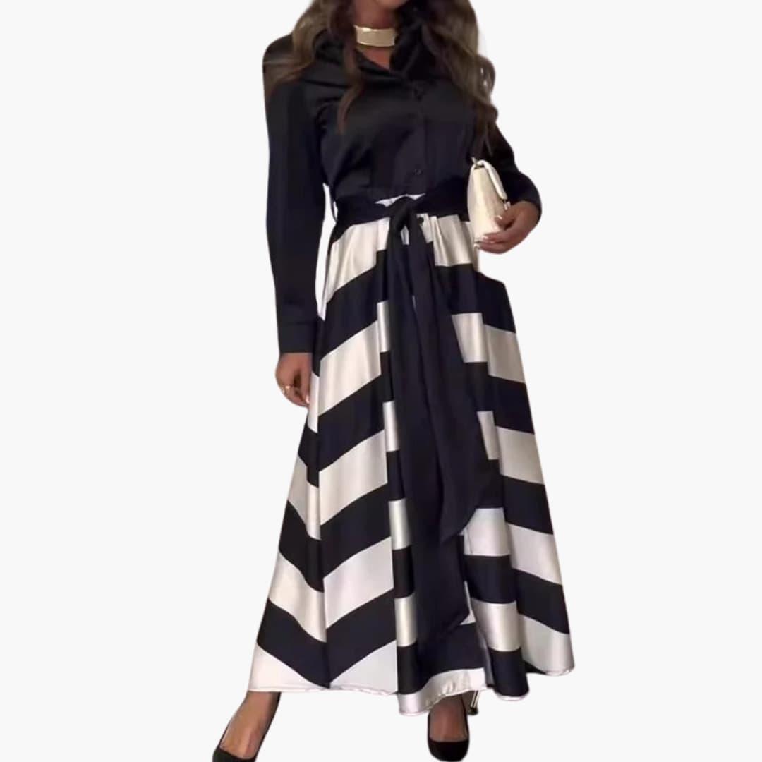 Hedwig – Gestreiftes Damen-Maxikleid mit Hemdkragen Schwarz
