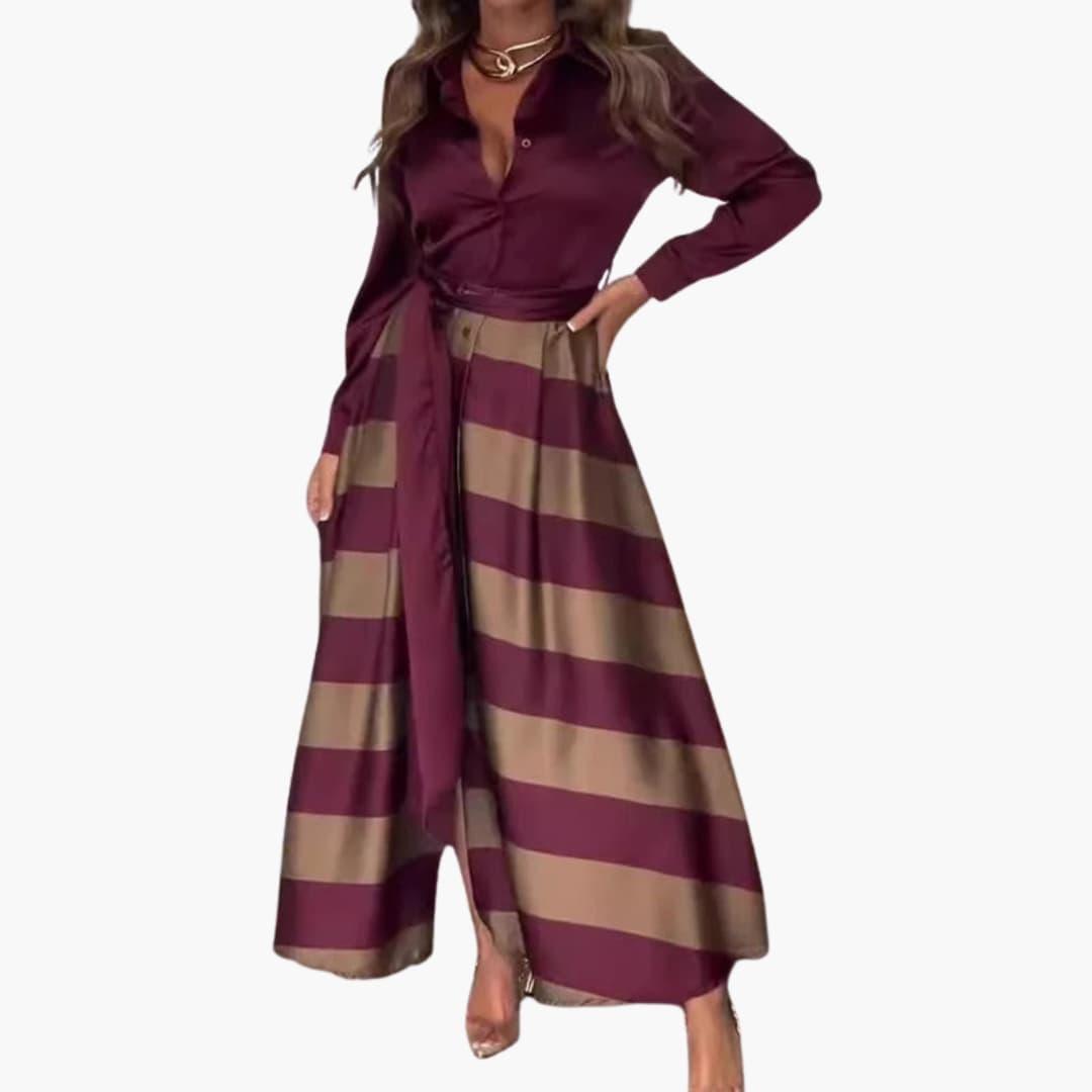 Hedwig – Gestreiftes Damen-Maxikleid mit Hemdkragen Weinrot