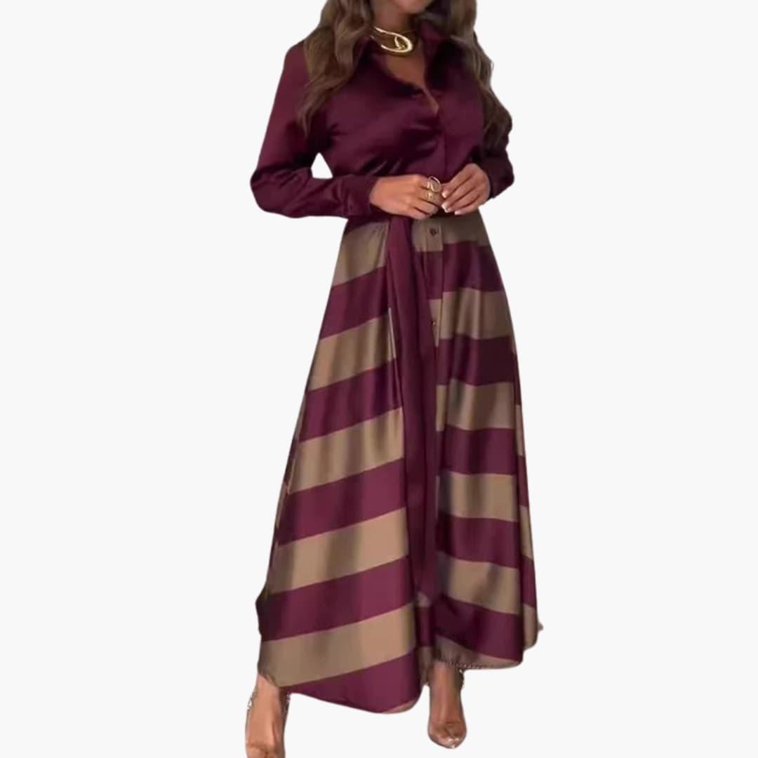 Hedwig – Gestreiftes Damen-Maxikleid mit Hemdkragen Weinrot