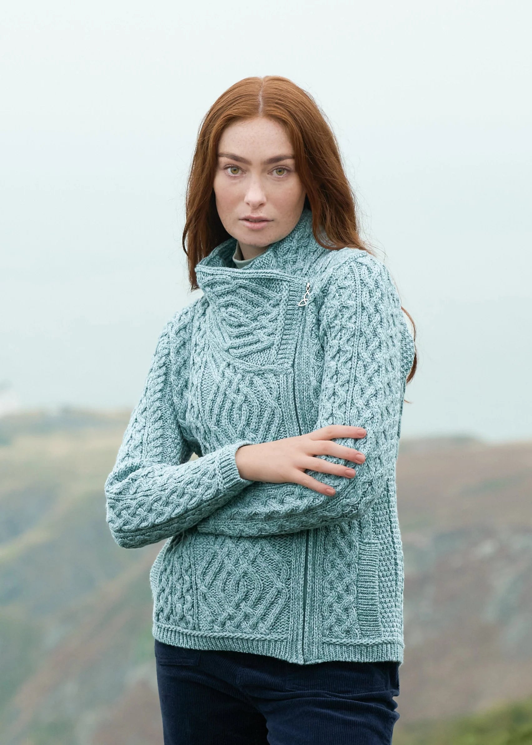 Heidi – Aran Shannon Cardigan mit seitlichem Reißverschluss Meerjungfrau