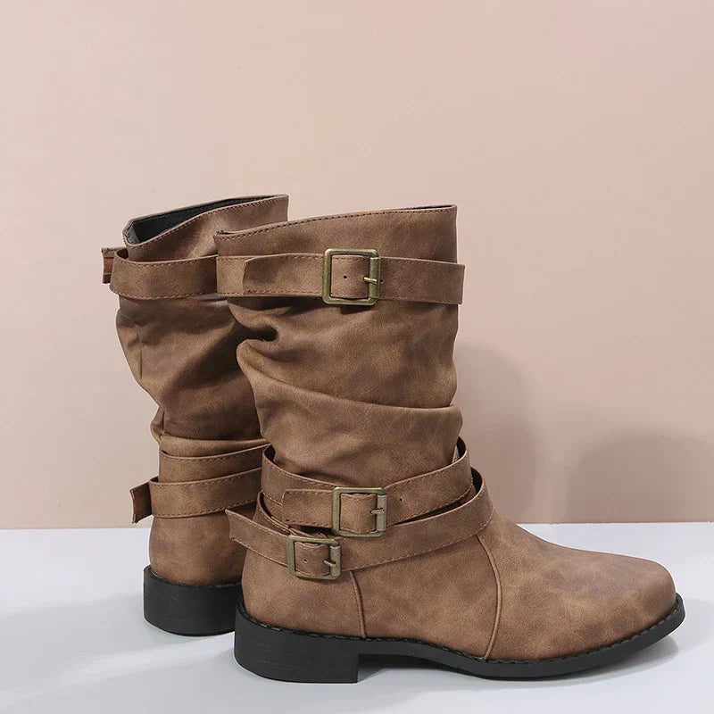 Ashley - Damen Kurze Cowboy Stiefel mit Gürtelschnalle
