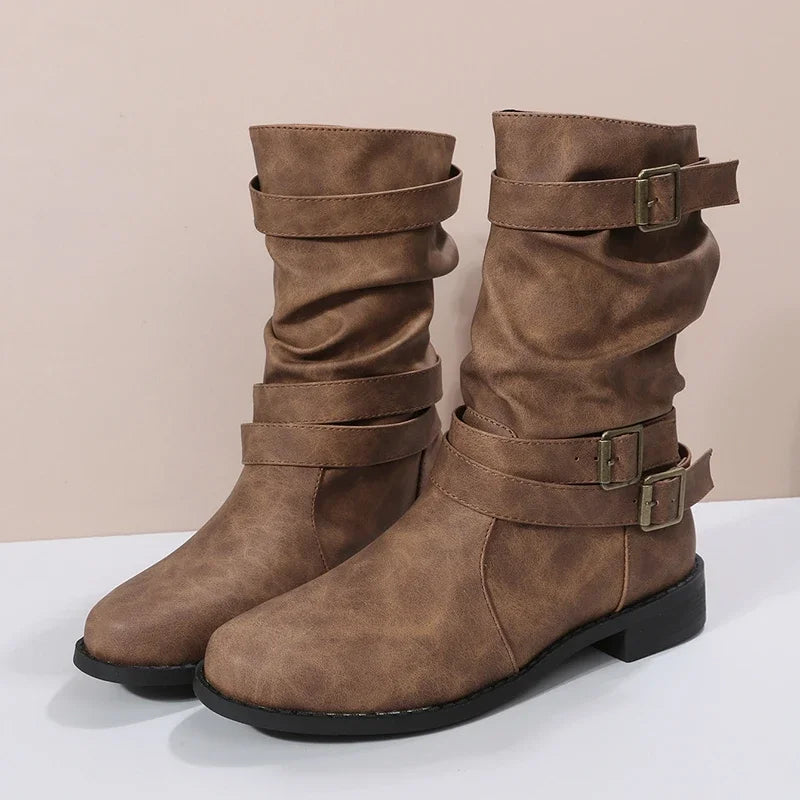 Ashley - Damen Kurze Cowboy Stiefel mit Gürtelschnalle