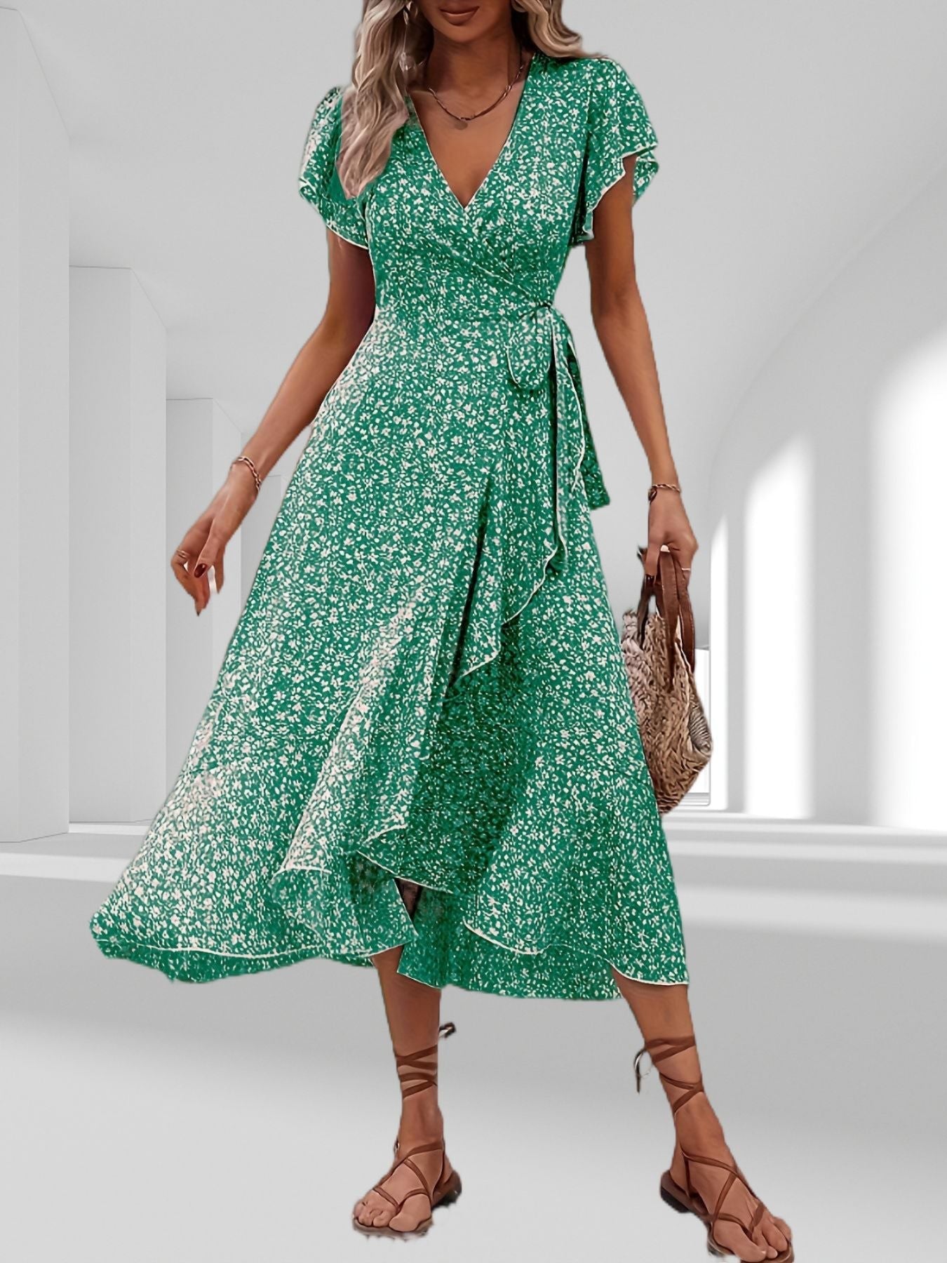 Herta – Gekräuseltes Wickel-Midikleid Grün