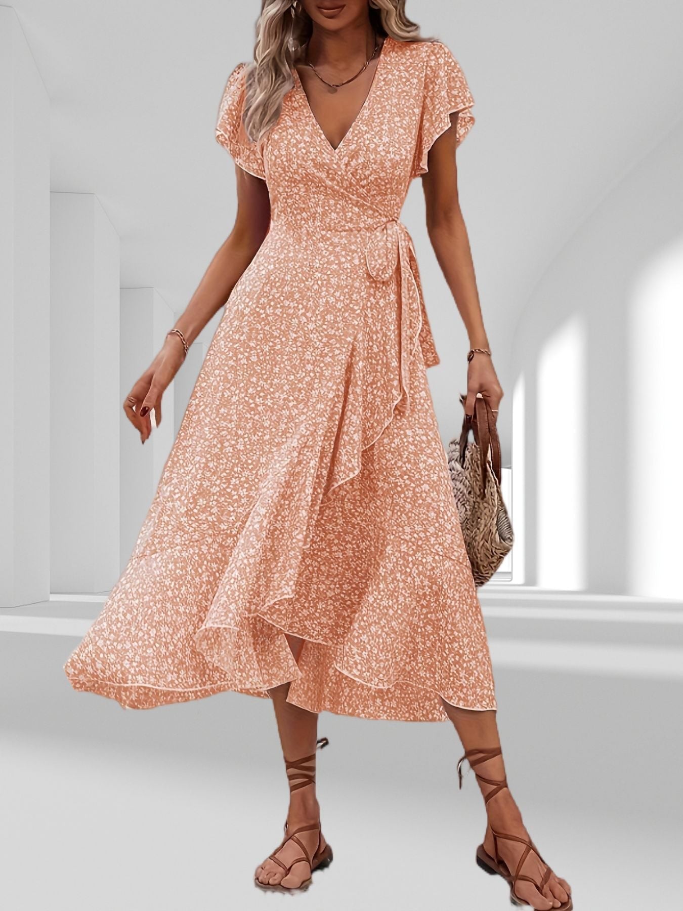 Herta – Gekräuseltes Wickel-Midikleid Hellorange