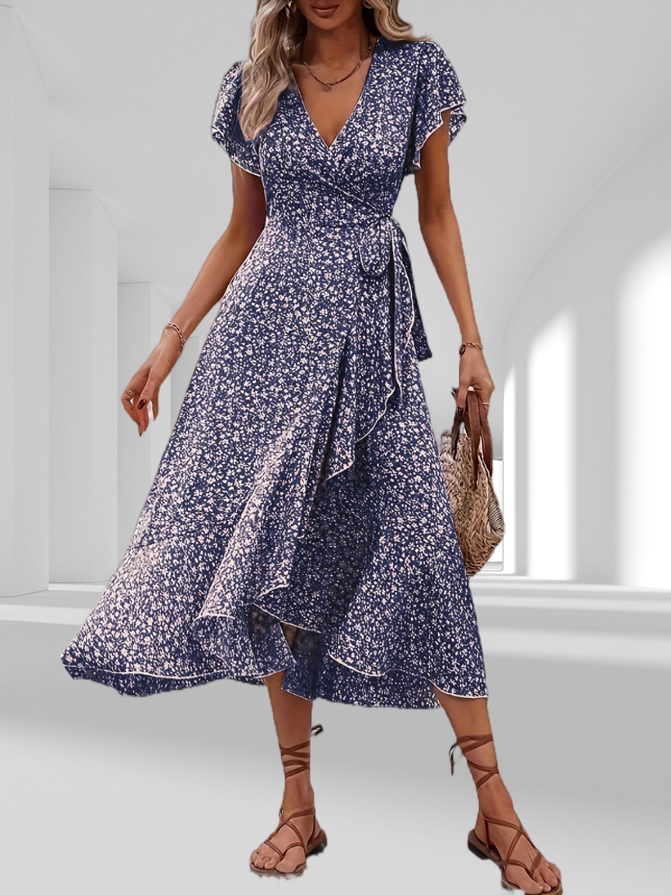 Herta – Gekräuseltes Wickel-Midikleid Marineblau