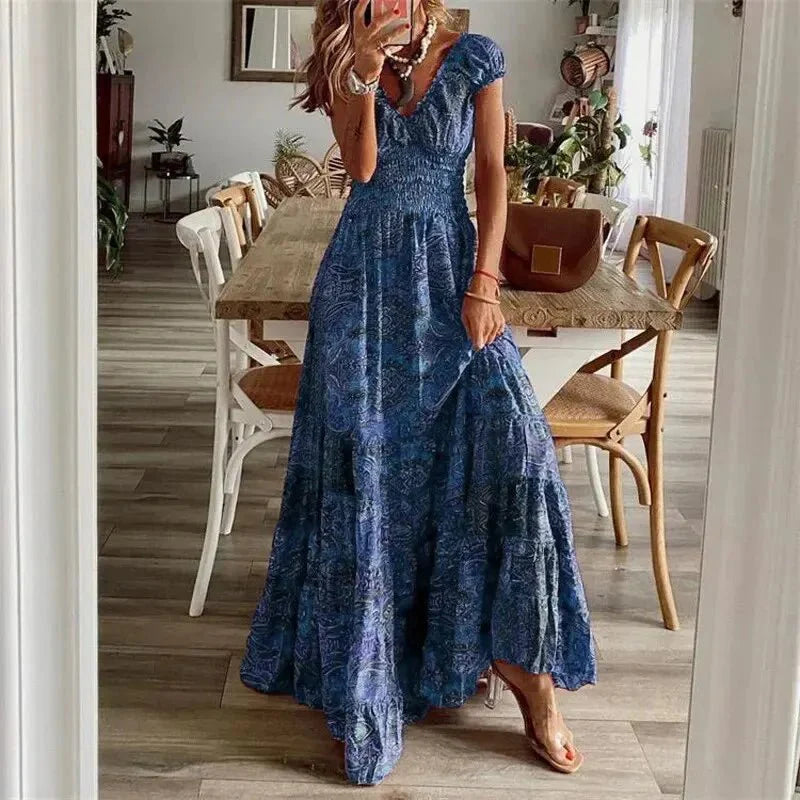 Irena- Boho-Kleid Kurzärmelig Blau
