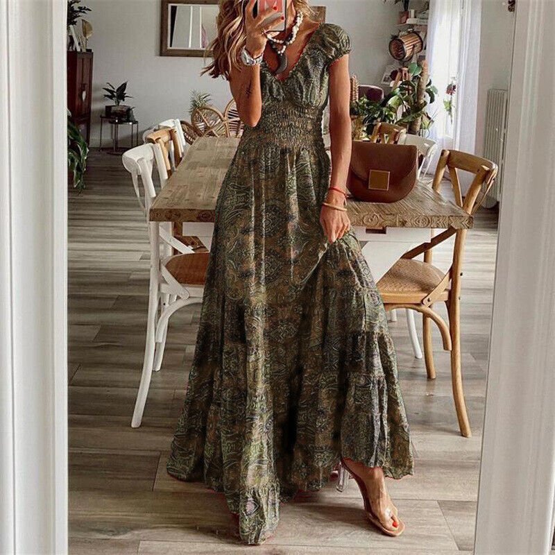 Irena- Boho-Kleid Kurzärmelig Kaffee