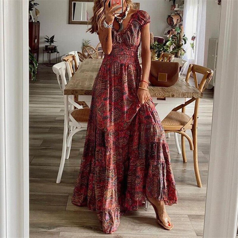 Irena- Boho-Kleid Kurzärmelig Rot