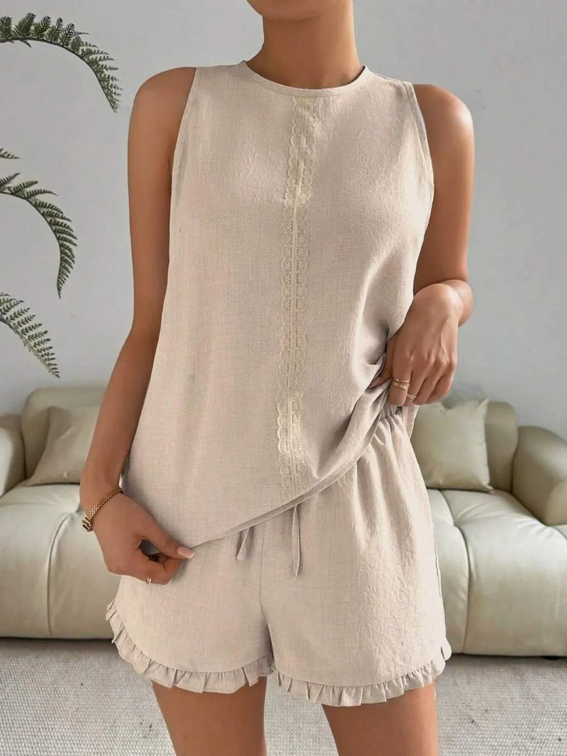 Jadviga - Ärmelloses Rundhals-Set mit Shorts - Beige
