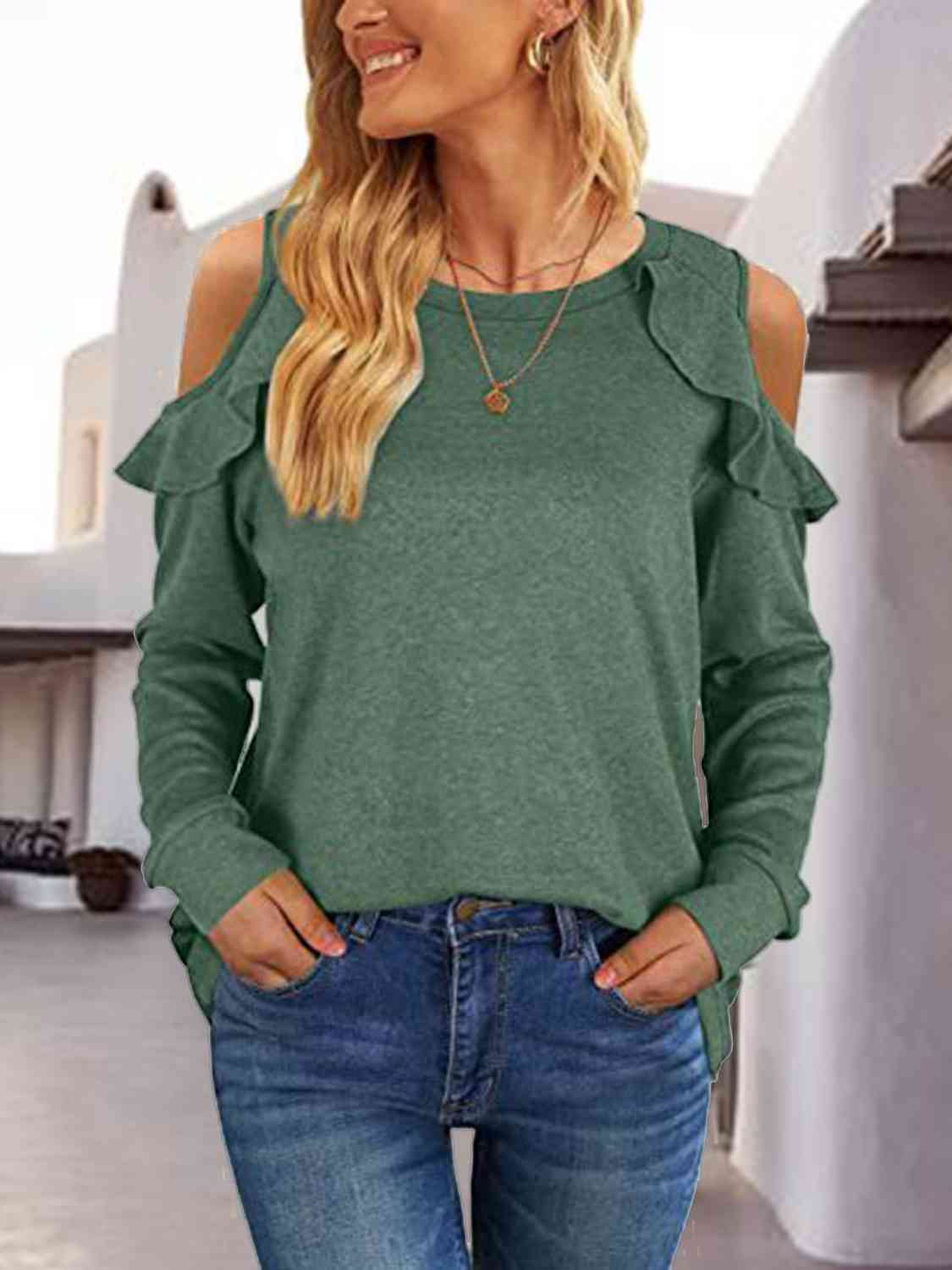 Janet - Bluse mit Volants und freien Schultern - Grün