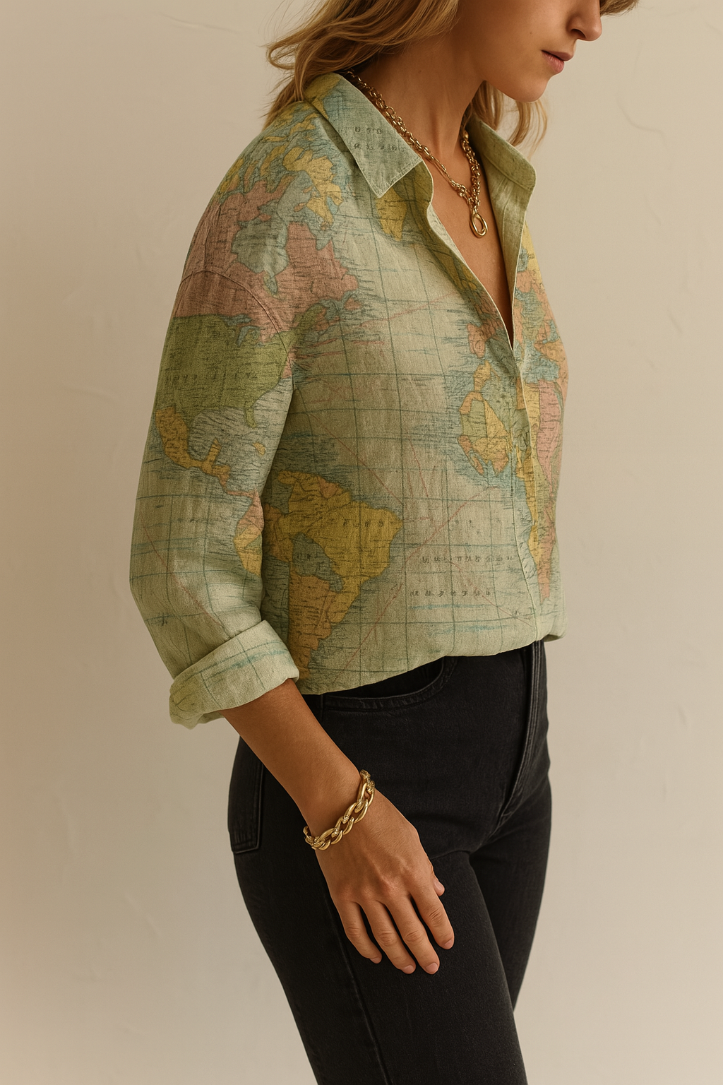 Janet- Globe Weltkarte Bedrucktes Hemd