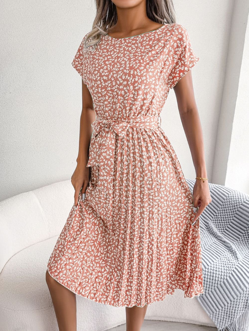 Janina-Plissiertes Kleid Hellrosa grau
