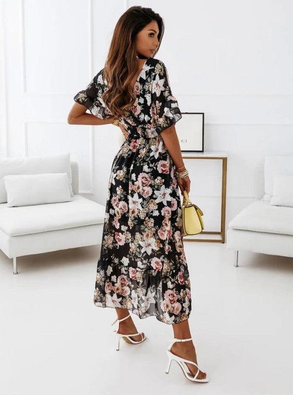 Jasmina- Kleid V-Ausschnitt Blumenmuster Schwarz