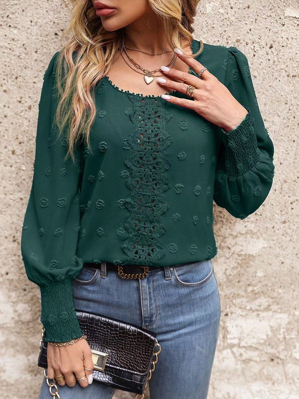 Juliana - Langärmlige elegante Swiss-Dot-Bluse - Grün