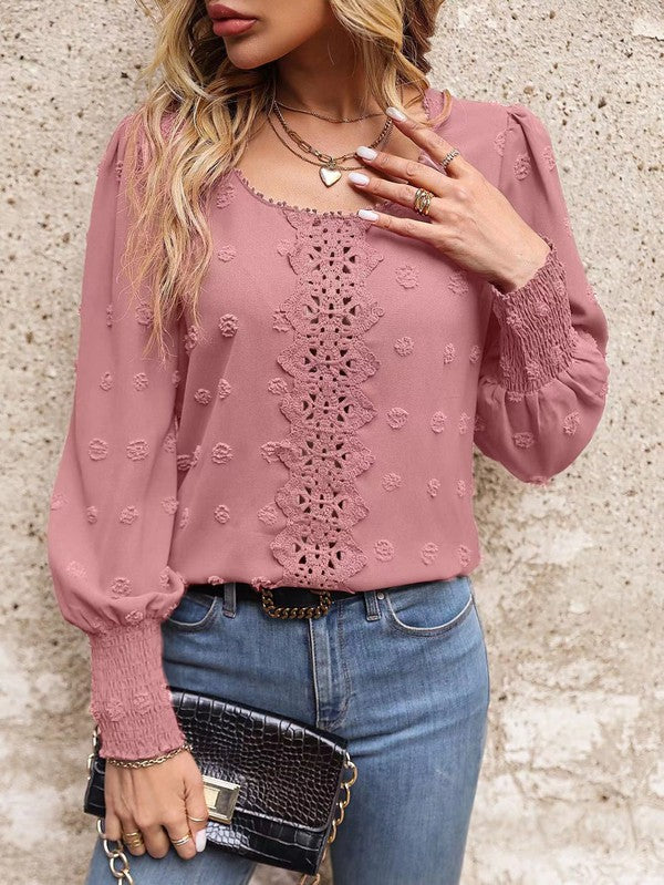 Juliana - Langärmlige elegante Swiss-Dot-Bluse - Rosa