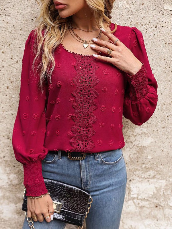 Juliana - Langärmlige elegante Swiss-Dot-Bluse - Rot