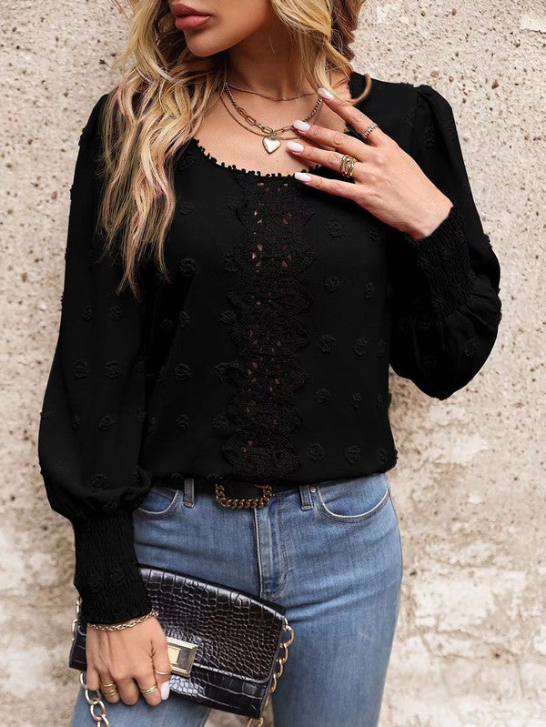 Juliana - Langärmlige elegante Swiss-Dot-Bluse - Schwarz