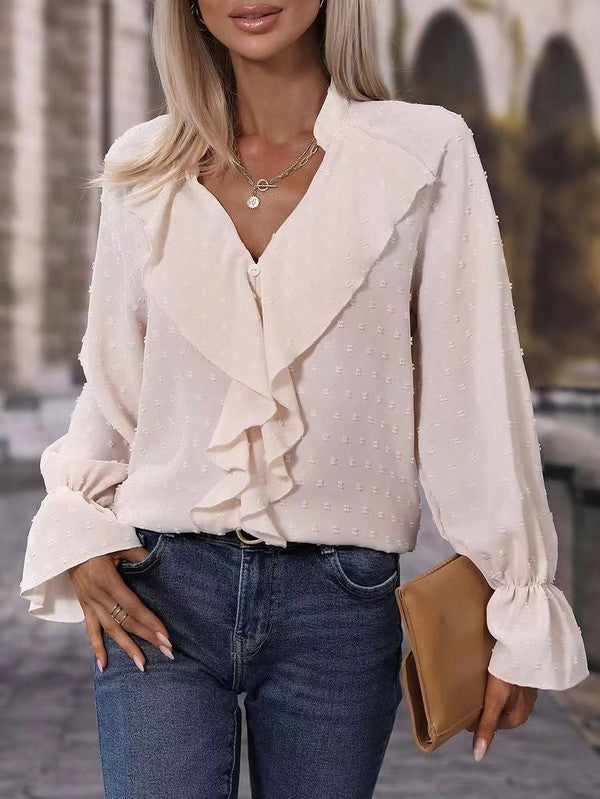 Juliette – Langärmelige Bluse mit Schweizer Punkt-Volants - Beige