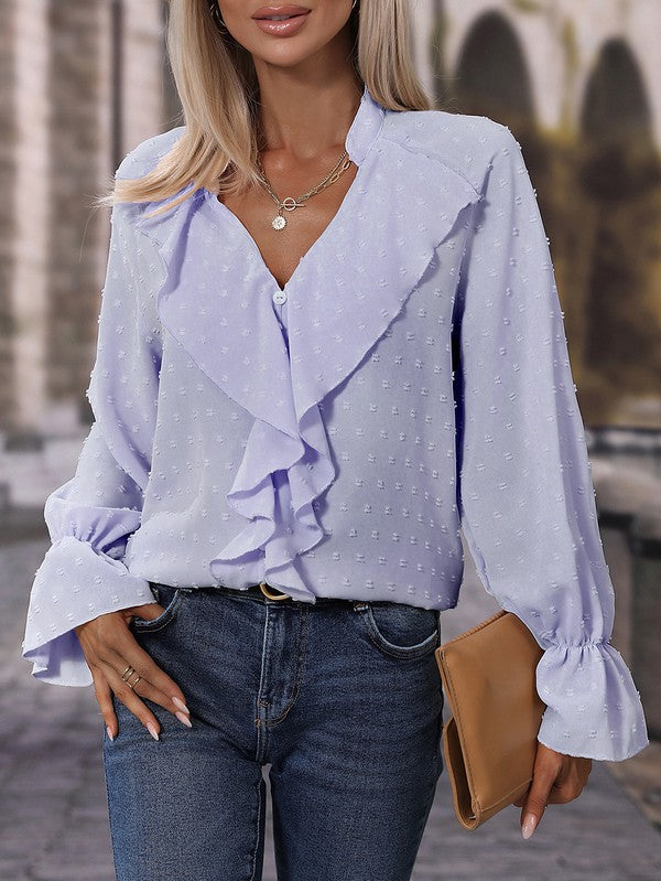 Juliette – Langärmelige Bluse mit Schweizer Punkt-Volants - Blau