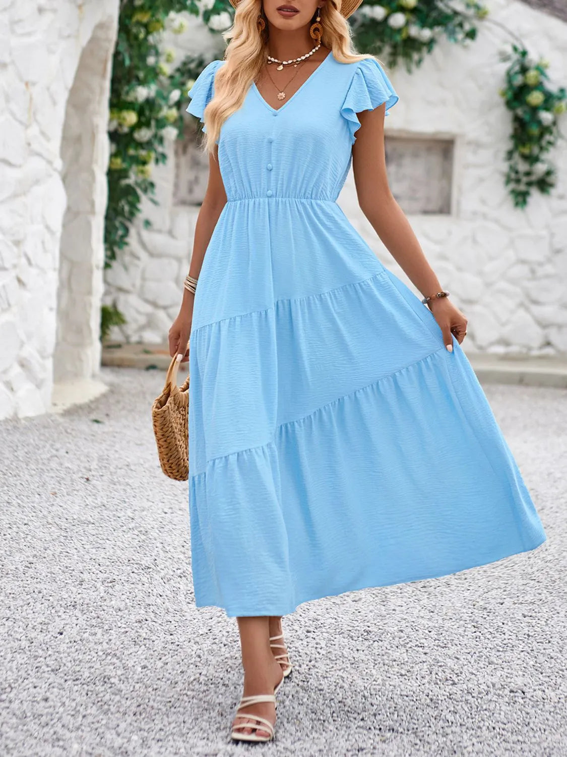 Jutta - Kleid: V-Ausschnitt & elegante Volantärmel - Blau