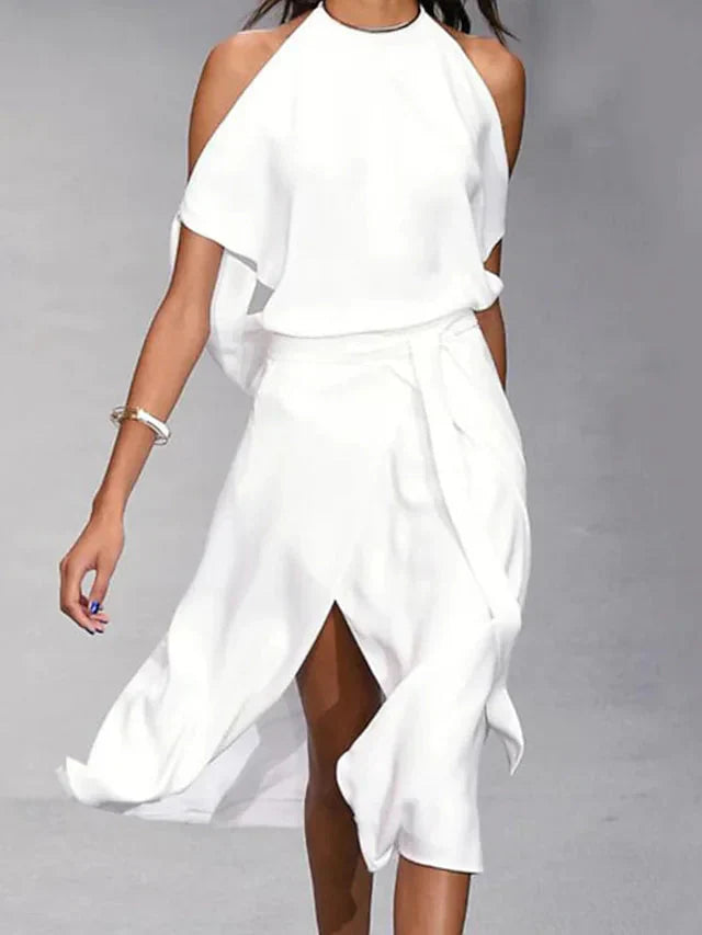 Käthe - Elegantes Kleid mit modischen Schulterausschnitten WeiB
